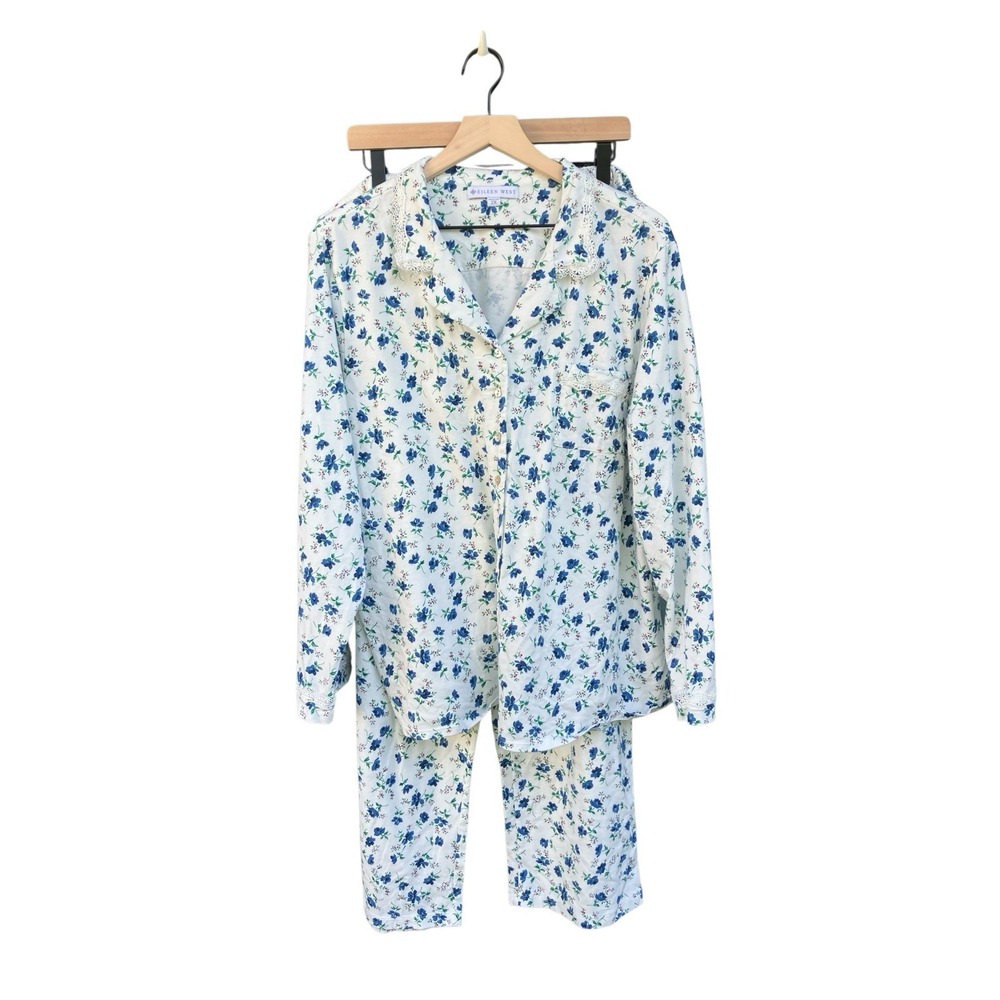 NWOT Eileen West 2X Cotton Pajama Set Floral Blue Lace Cottagecore Classic